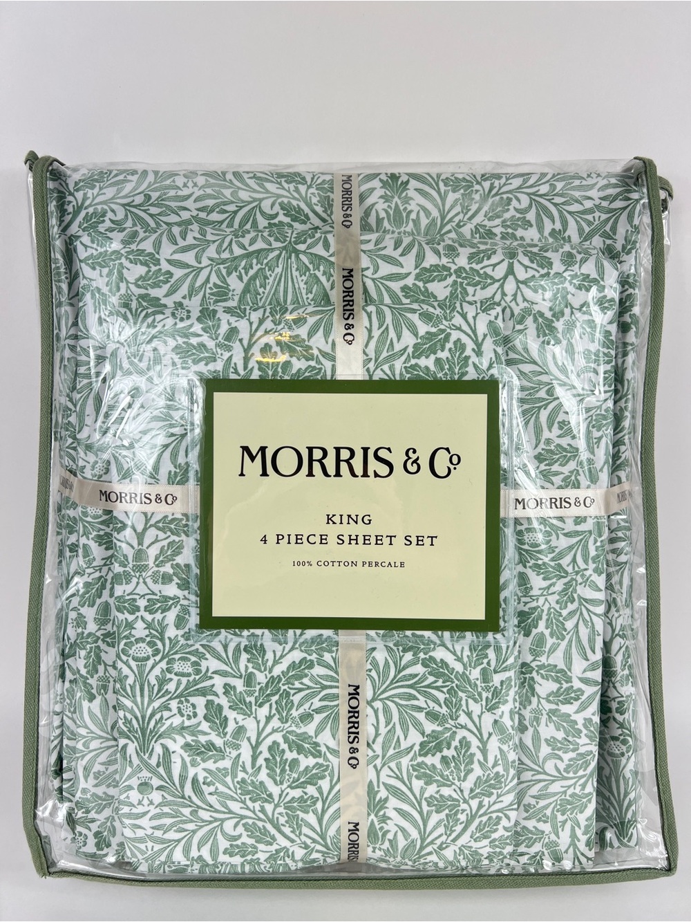 William Morris Co King Sheet Set Acorn Green White 100% Cotton Percale 4 Pc NEW